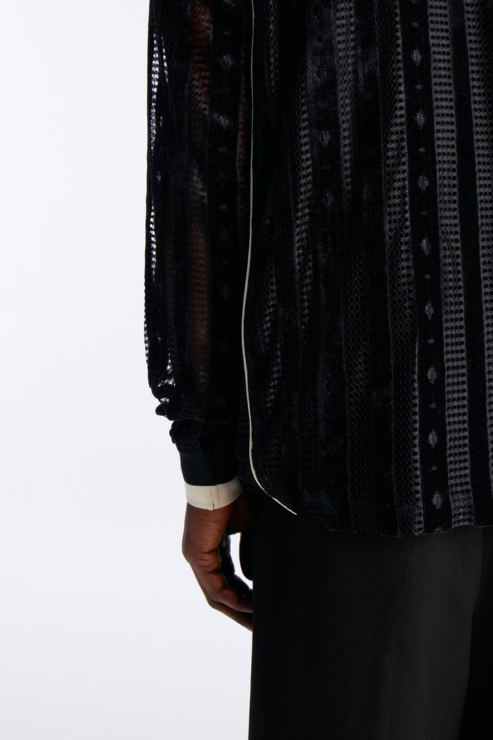 Luxe Grid Paneled V Neck Shirt - Black