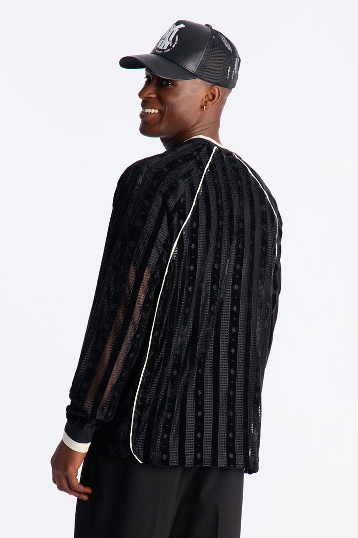 Luxe Grid Paneled V Neck Shirt - Black