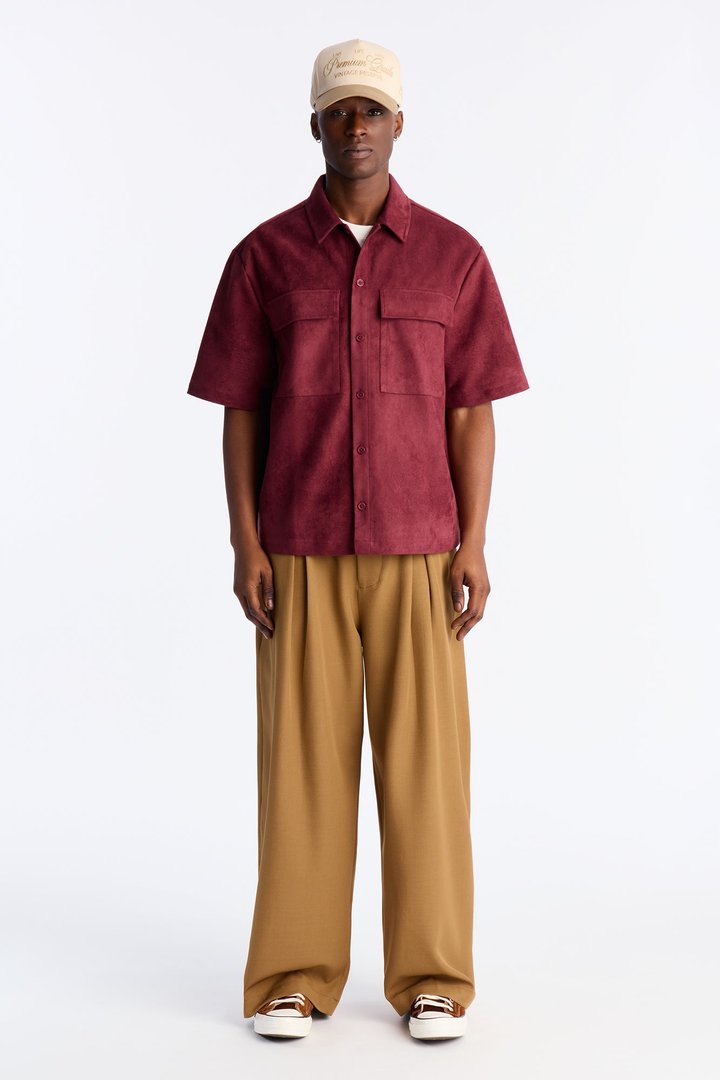 Relaxed Brushed Double Pocket Button Up Shirt - Burgundy