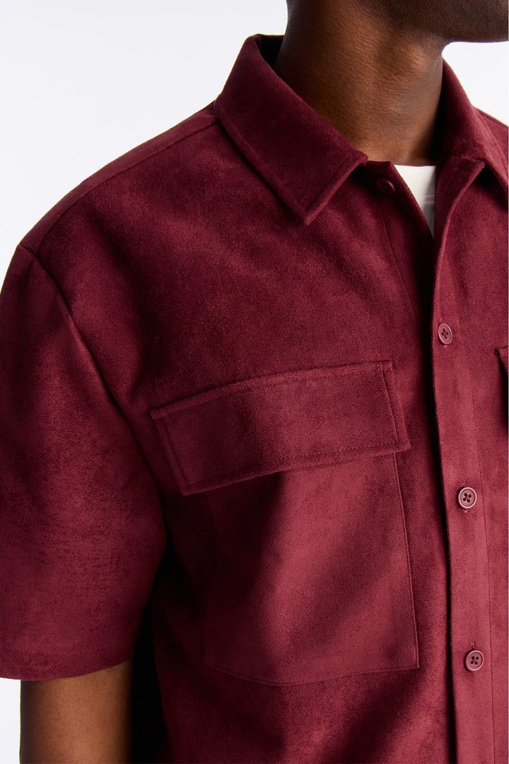 Relaxed Brushed Double Pocket Button Up Shirt - Burgundy