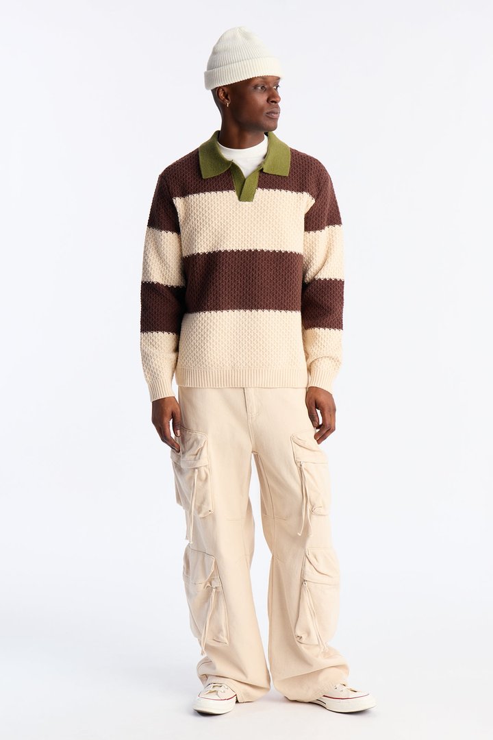 Chunky Striped Polo Sweater - Brown