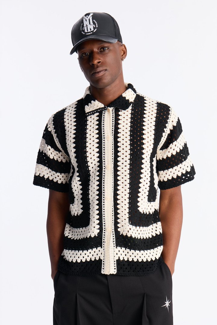 Left Turns Crochet Button Up Shirt - Black