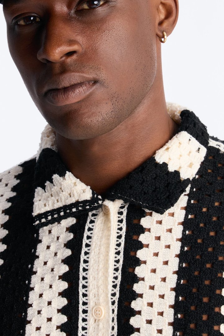 Left Turns Crochet Button Up Shirt - Black
