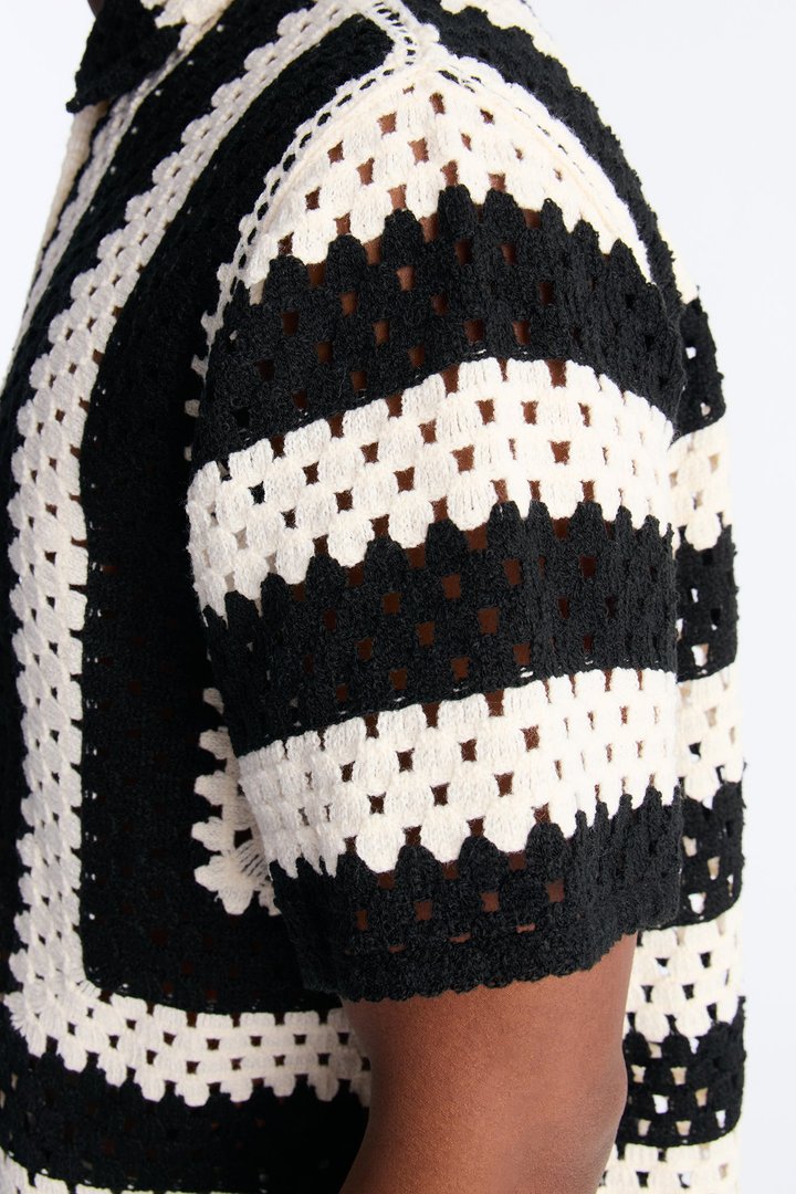 Left Turns Crochet Button Up Shirt - Black