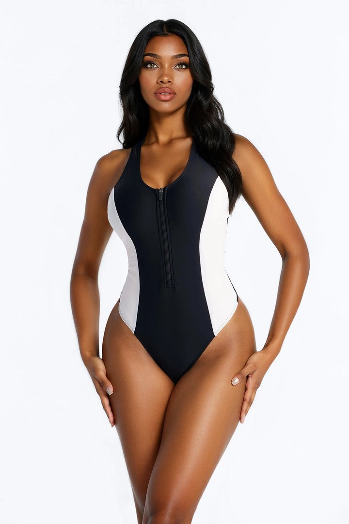 Adelyn Zip Up Sculpt Contour 1 Piece Swimsuit - Black/White