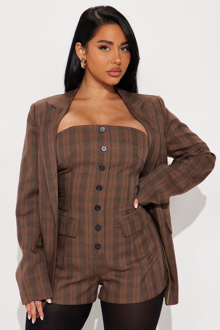 Check The Fax Blazer Romper Set - Brown/combo