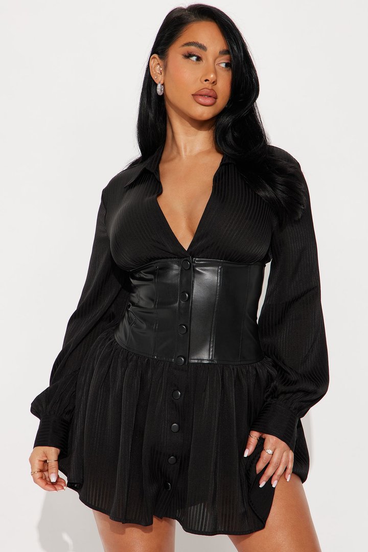 Harmony Corset Mini Shirt Dress - Black