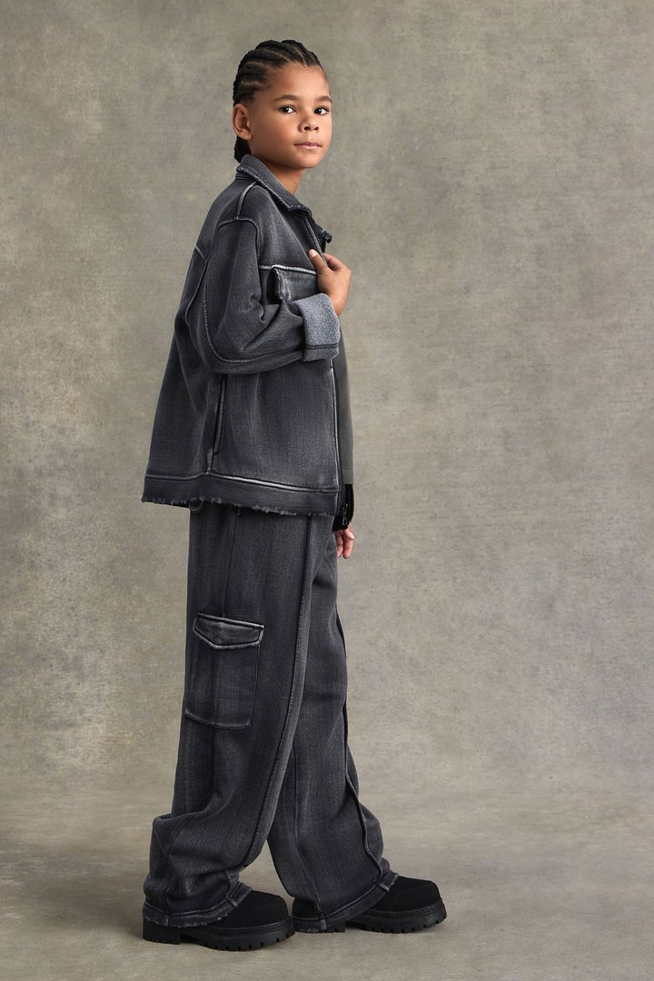 Mini Heavy Wash Baggy Fleece Cargo Pants - Black Wash