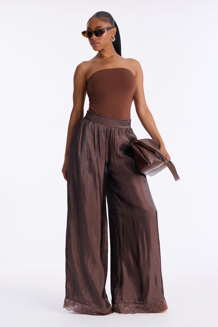 Miriam Satin Lace Trim Wide Leg Pant 32″ - Chocolate