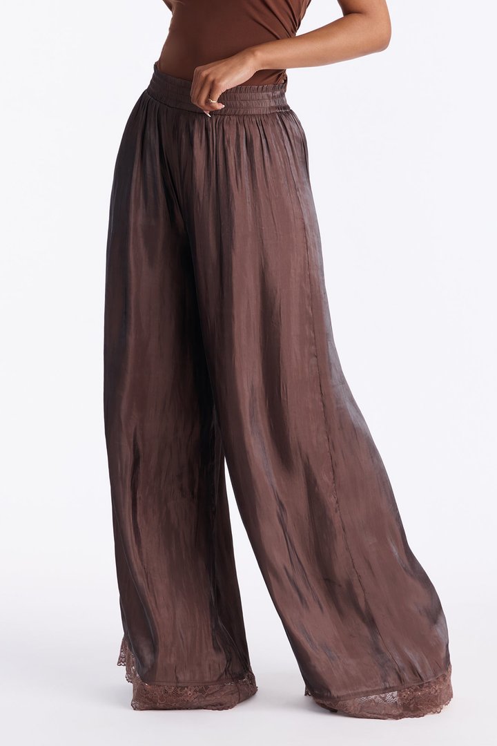 Miriam Satin Lace Trim Wide Leg Pant 32″ - Chocolate