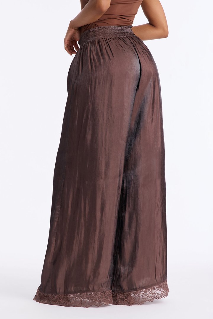 Miriam Satin Lace Trim Wide Leg Pant 32″ - Chocolate