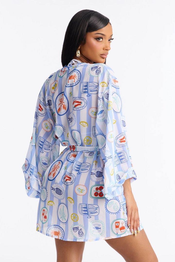 Summer Spritz O-Rings 3 Piece Bikini Mini Kimono Set - White/Blue
