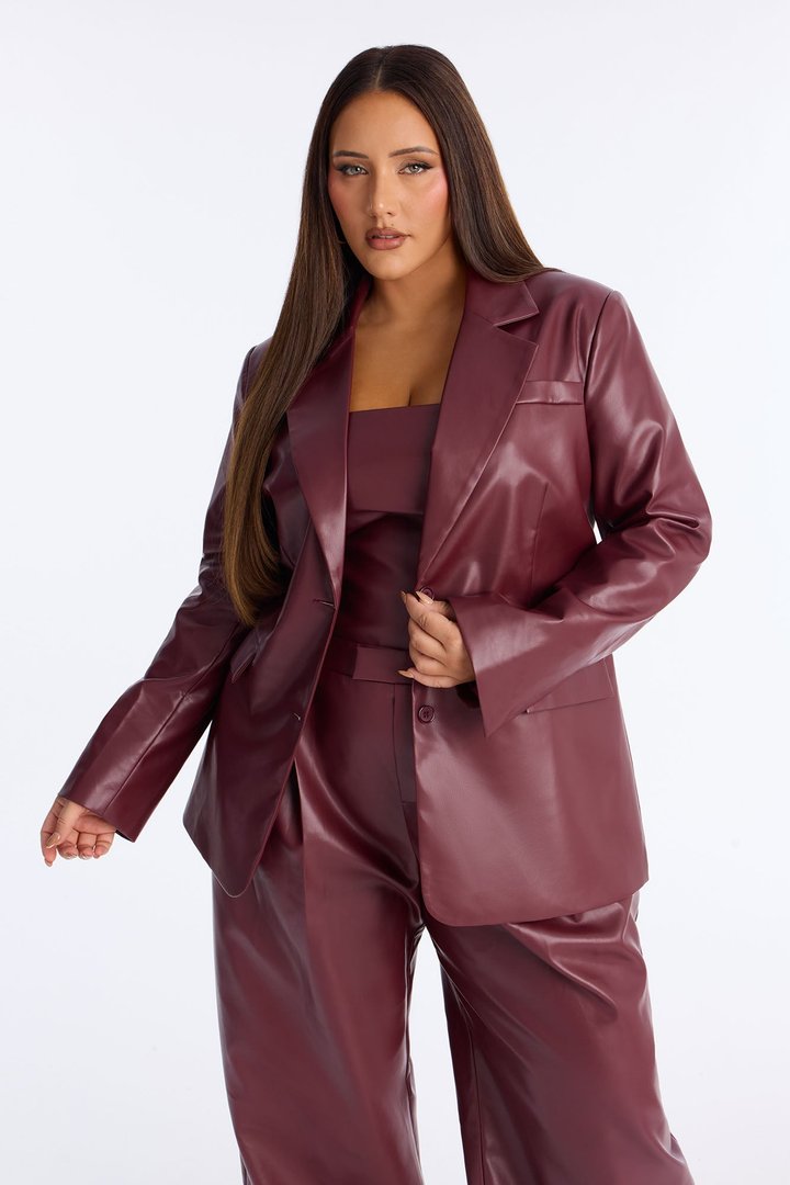 Alessandra Faux Leather 2Piece Blazer Jumpsuit - Burgundy