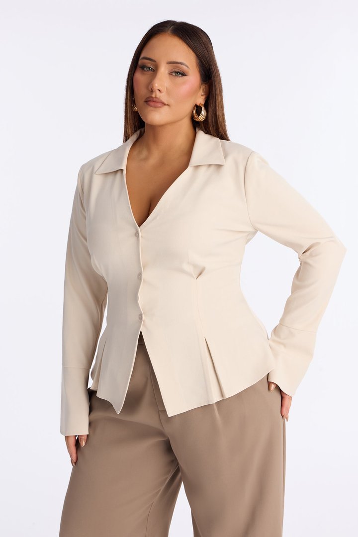 Roxanne Shoulder Pads Bell Sleeve Shirt - Stone