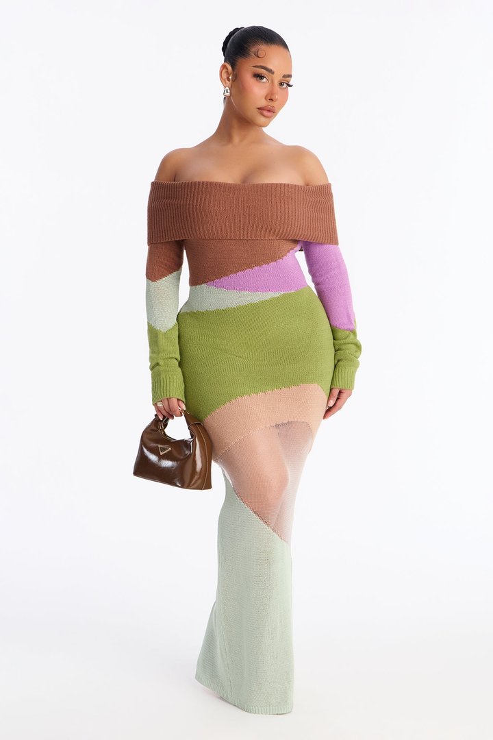 Shayna Off Shoulder Sweater Maxi Dress - Green/combo
