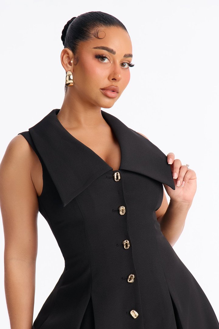 Mira Button Up Mini Dress - Black