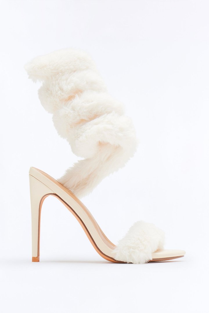 Flurry Faux Fur Wrap Up Heels - Ivory