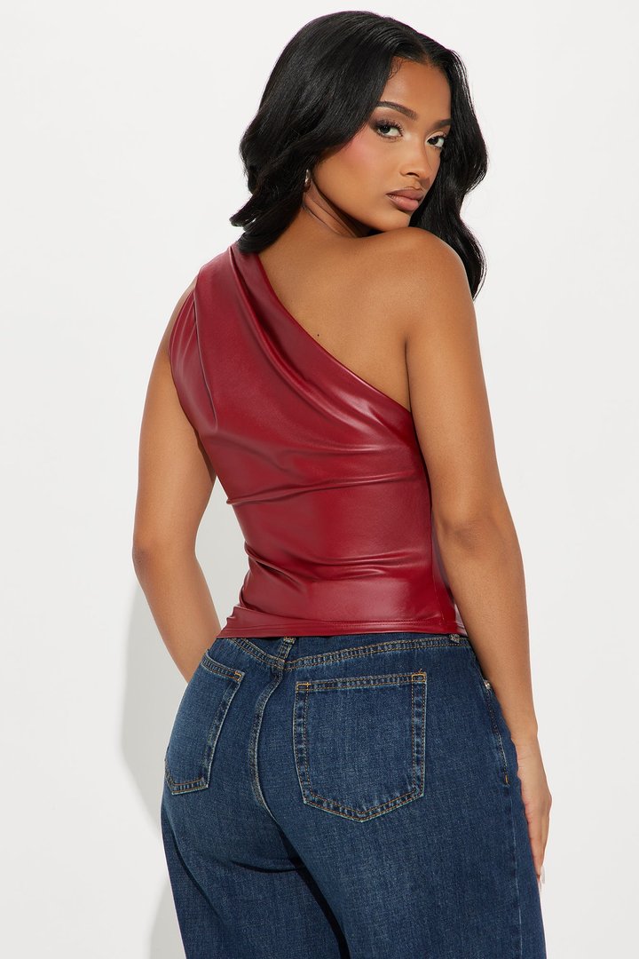 Fable Faux Leather One Shoulder Top - Burgundy