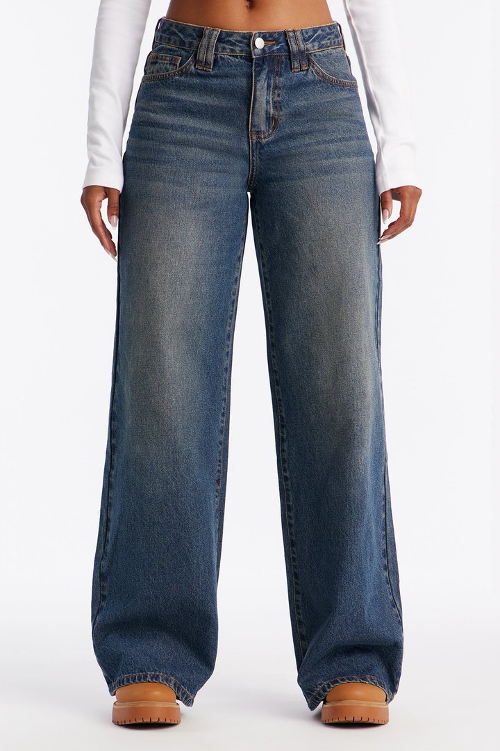 Cherry Blossom Printed Wide Leg Jeans - Dark Wash