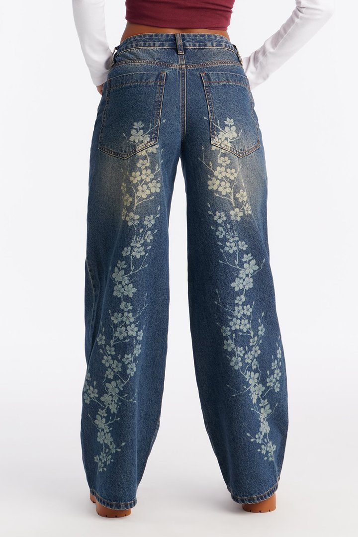 Cherry Blossom Printed Wide Leg Jeans - Dark Wash