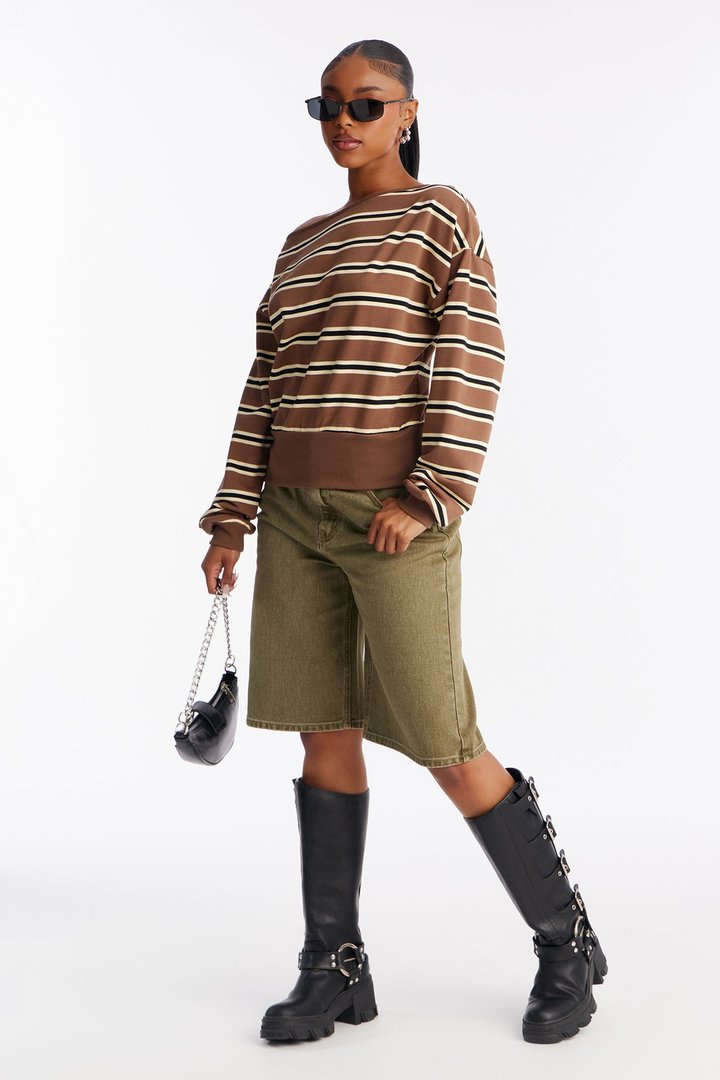 Micah French Terry Striped Off Shoulder Sweatshirt - Mocha/combo