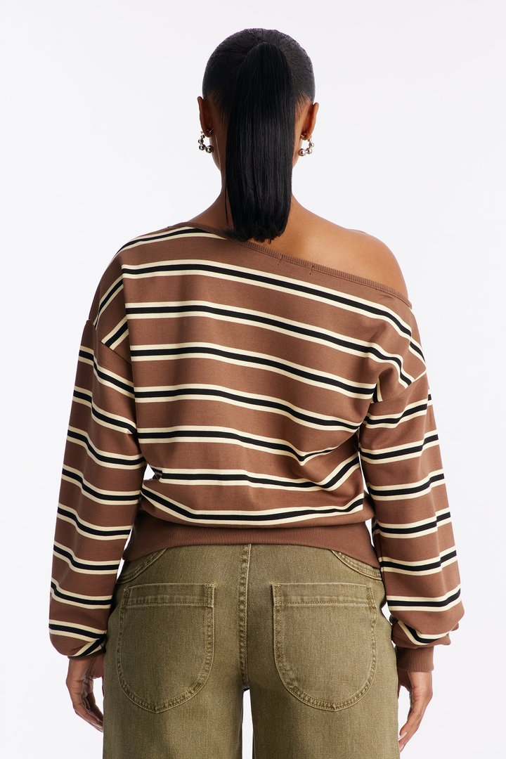 Micah French Terry Striped Off Shoulder Sweatshirt - Mocha/combo