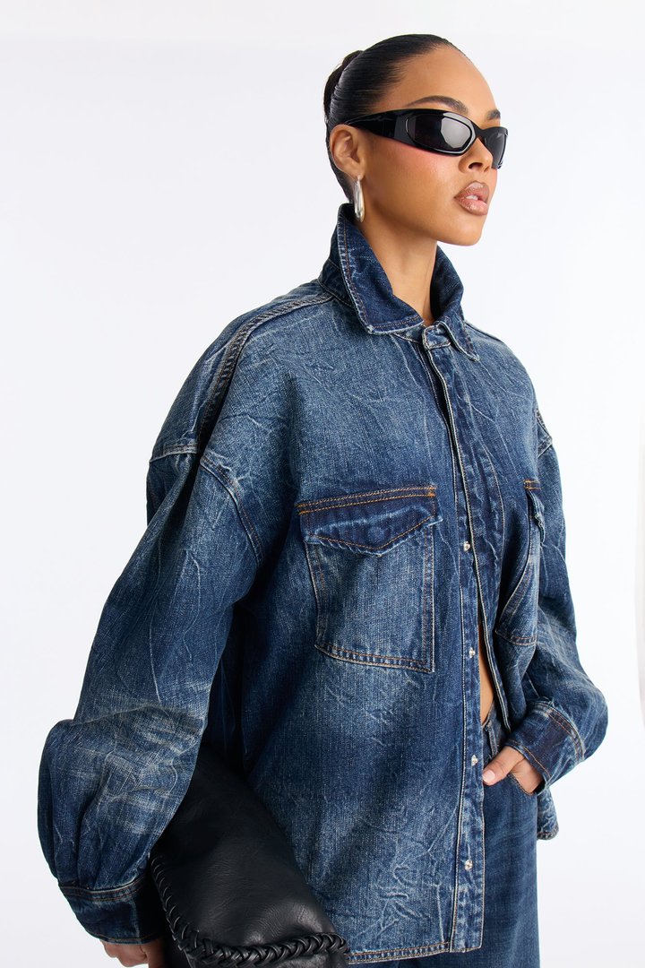Merci Bien Boyfriend Denim Shacket - Dark Wash