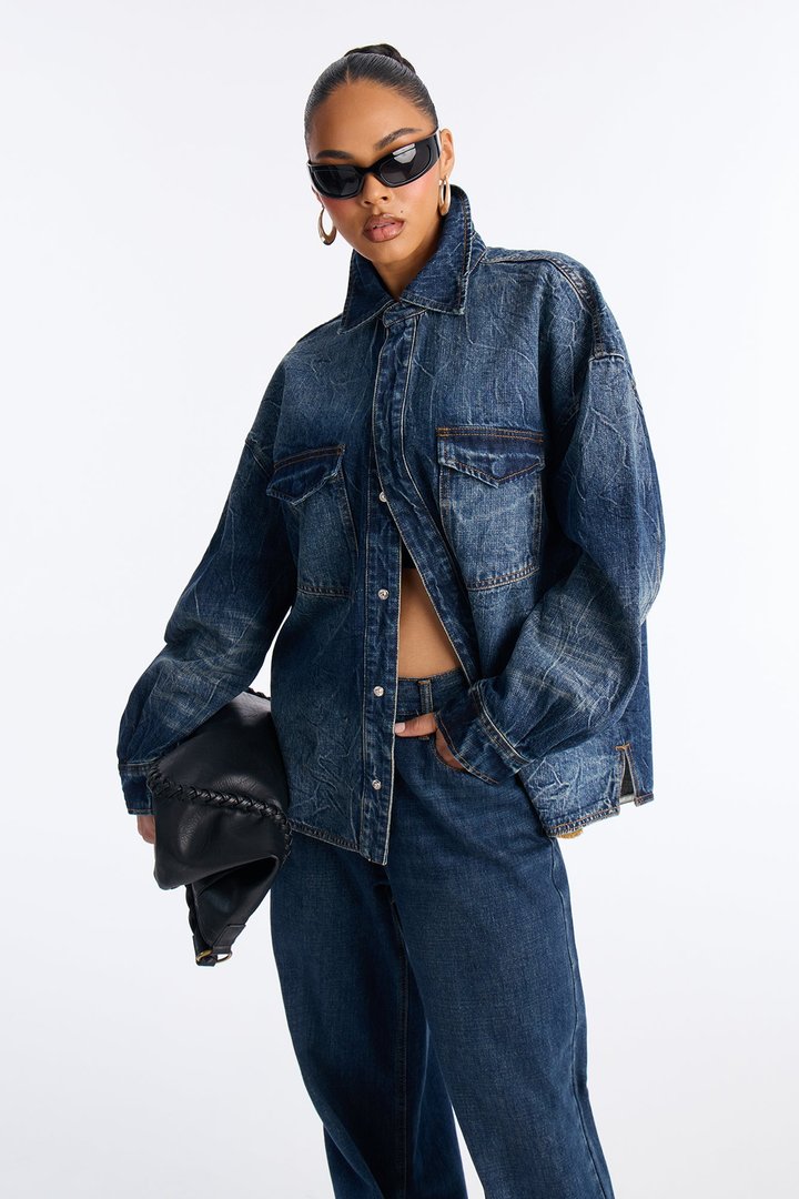 Merci Bien Boyfriend Denim Shacket - Dark Wash