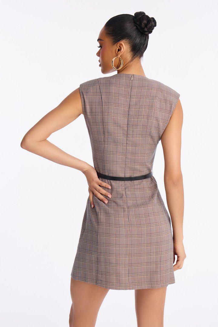 Josephine Belted Plaid Mini Dress - Brown/combo