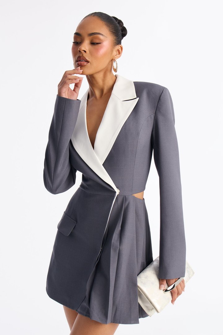 Out Of Time Pleated Blazer Mini Dress - Grey