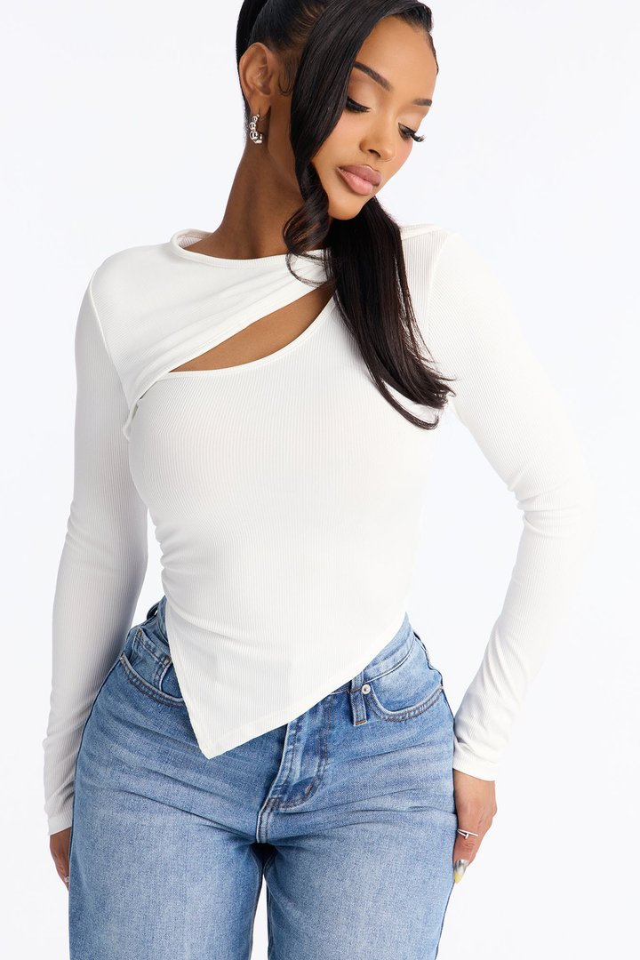 Kate Ribbed Asymmetrical Long Sleeve Top - Ivory