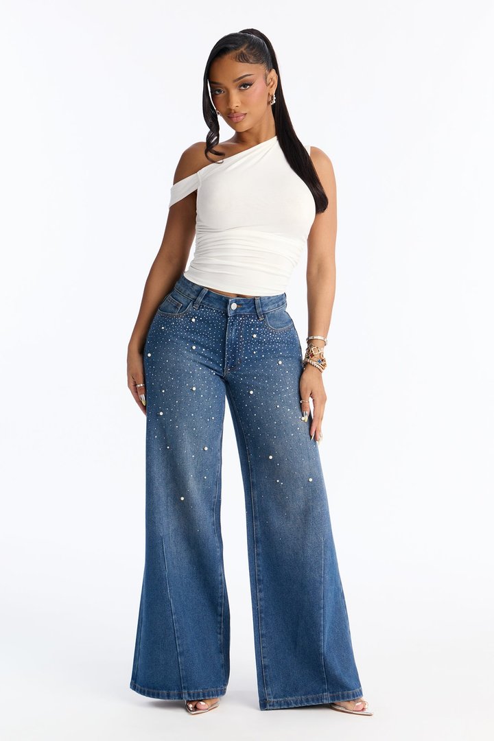 Pearly Whites Embellished Low Waist Wide Leg Jeans - Vintage Wash