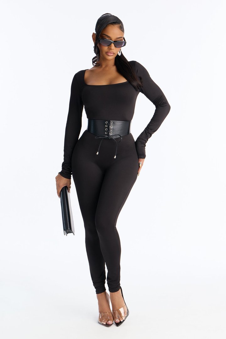 Sydney Belted Skinny Catsuit - Black