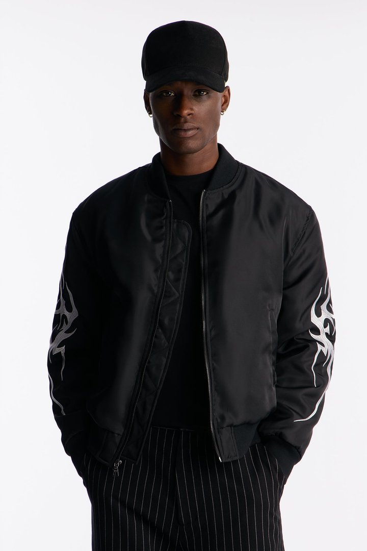 Relaxed Classic Embroidered Bomber Jacket - Black