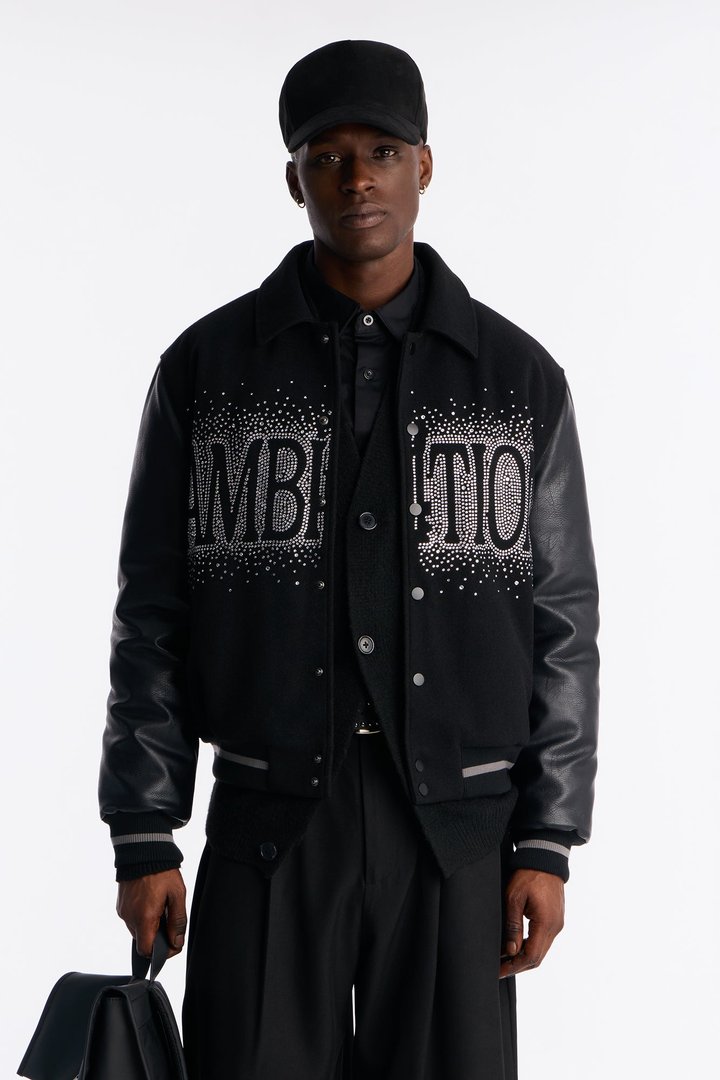 Ambition Crystal Collared Varsity Jacket - Black