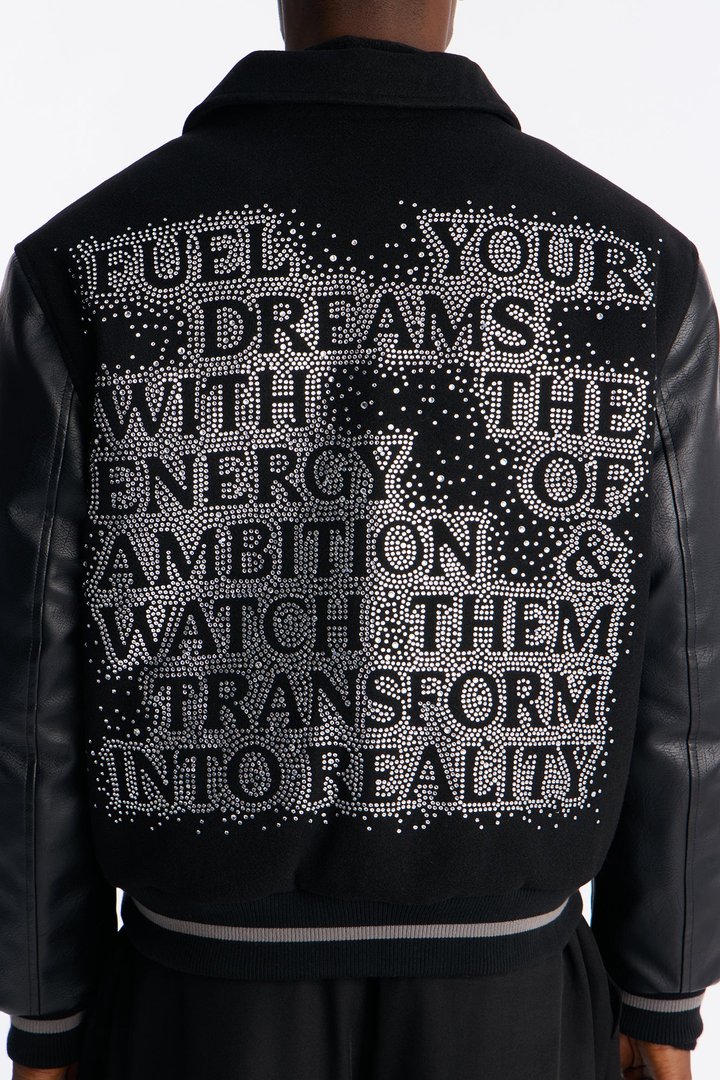 Ambition Crystal Collared Varsity Jacket - Black