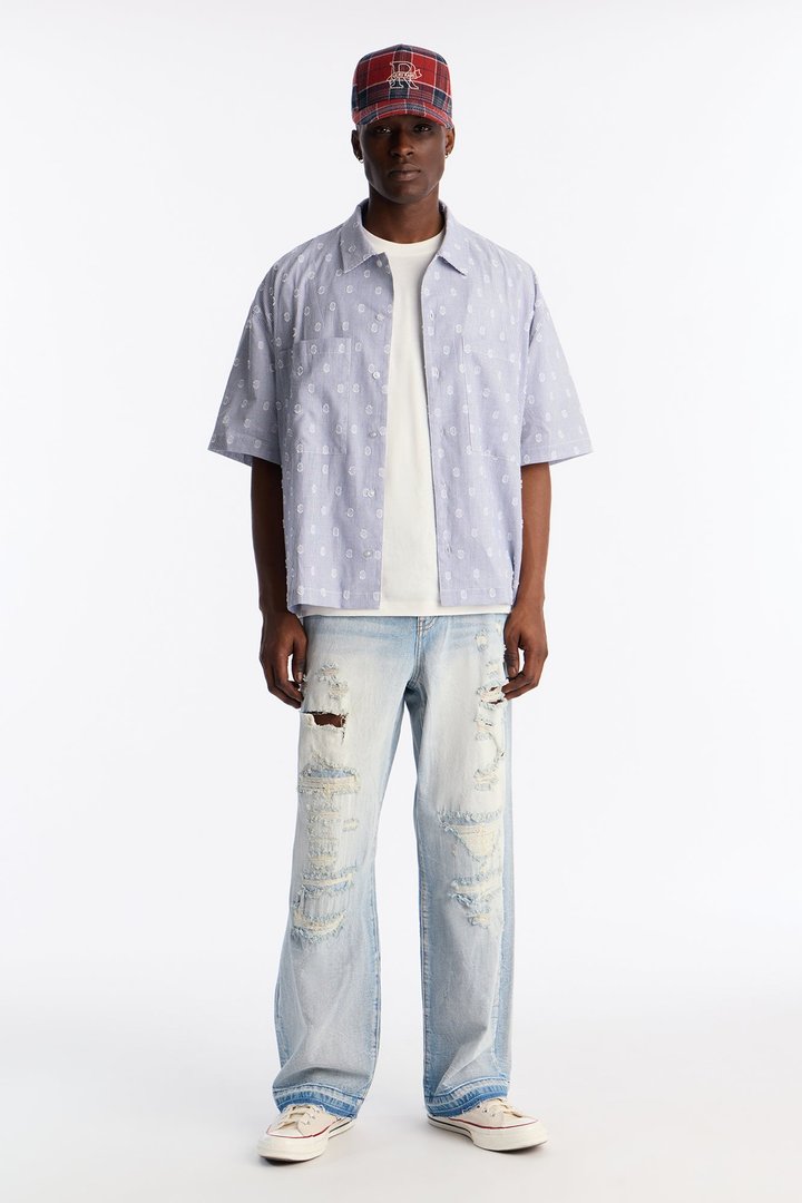 Boxy Static Oval Pinstripe Button Up Shirt - Blue