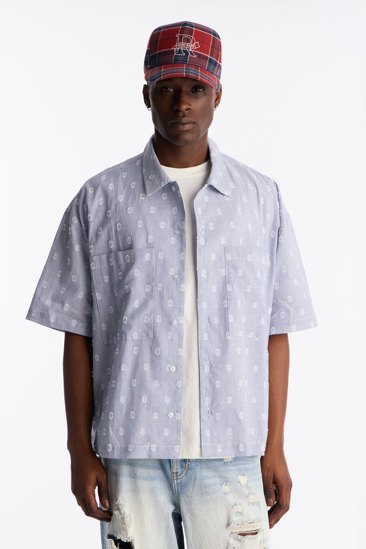 Boxy Static Oval Pinstripe Button Up Shirt - Blue