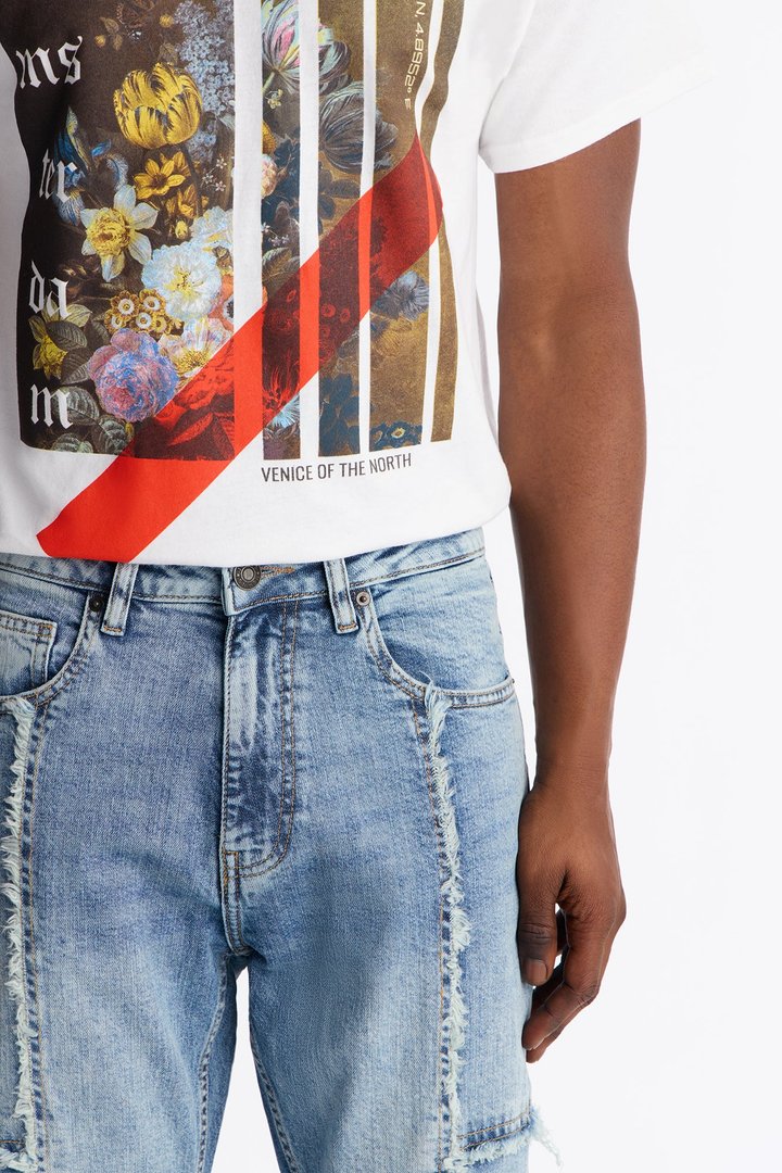 Stacked Skinny Flare Frayed Along Panel Jean - Medium Blue Wash