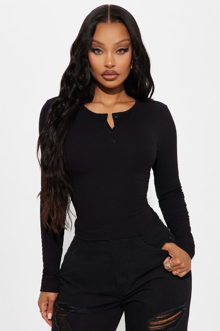Symphony Henley Long Sleeve Top - Black