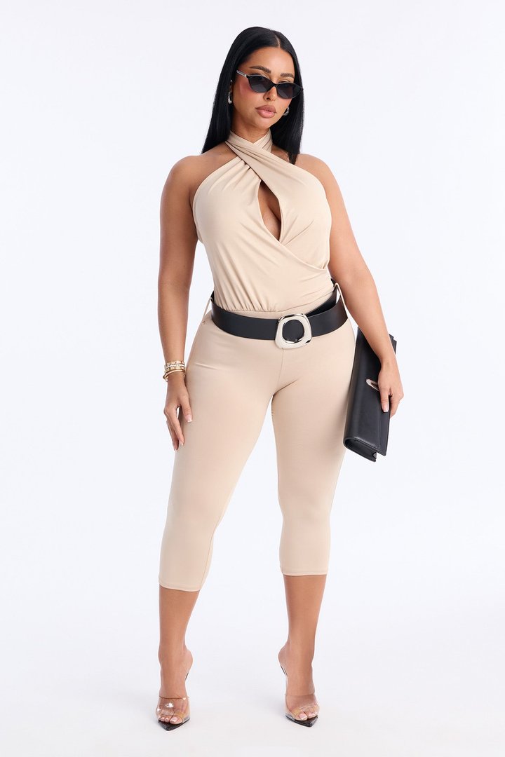 Marla Backless Belted Capri Catsuit - Nude