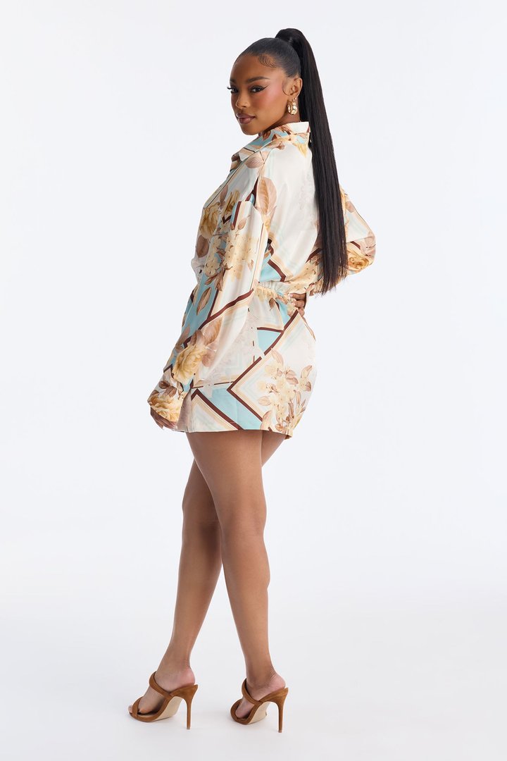 Madeleine Long Sleeve Satin Mini Dress - Ivory/combo