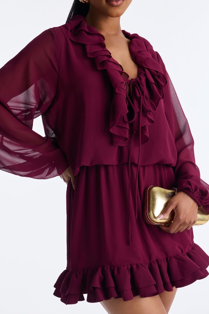 Summer Daze Ruffle Chiffon Mini Dress - Burgundy