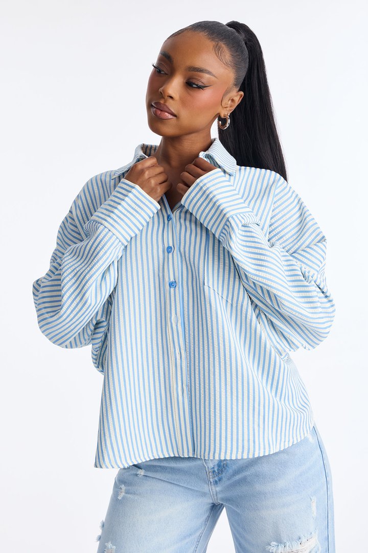 Living Life In Stripes Oversized Shirt - Blue/combo