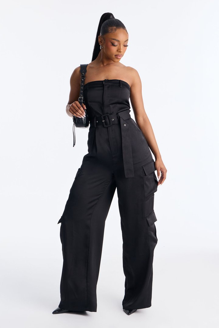 Kalani Satin Cargo Belted Jumpsuit - Black