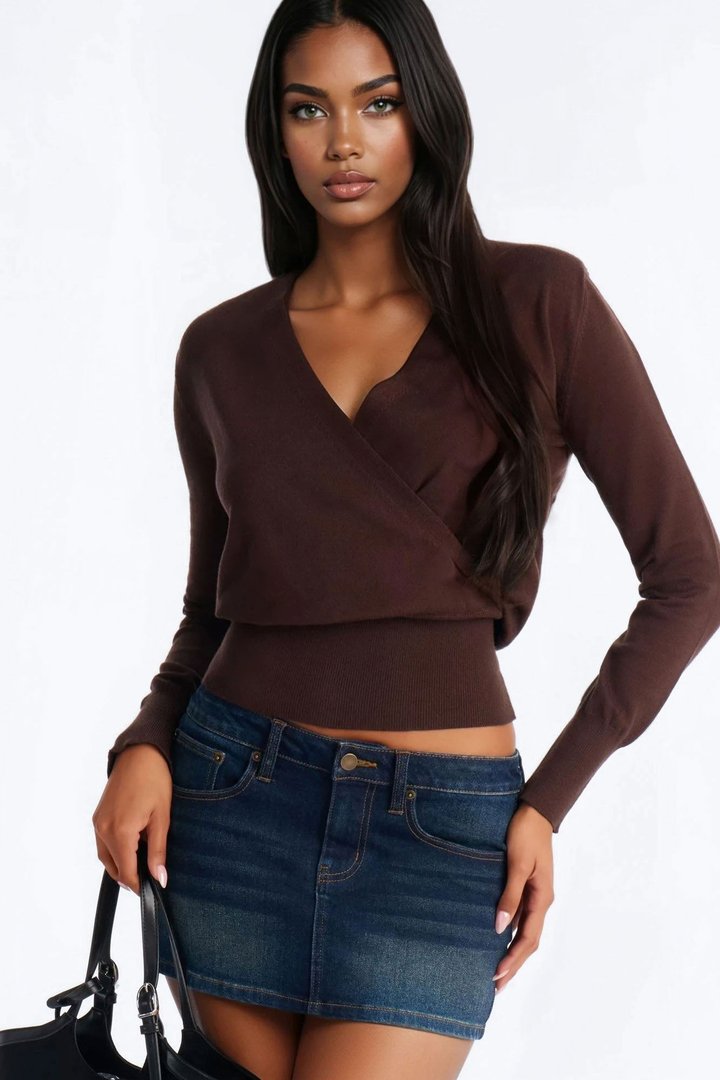 Amelia Shoulder Pads Surplice Sweater Top - Chocolate