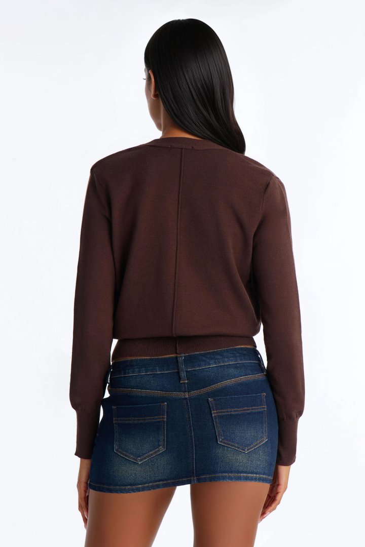 Amelia Shoulder Pads Surplice Sweater Top - Chocolate
