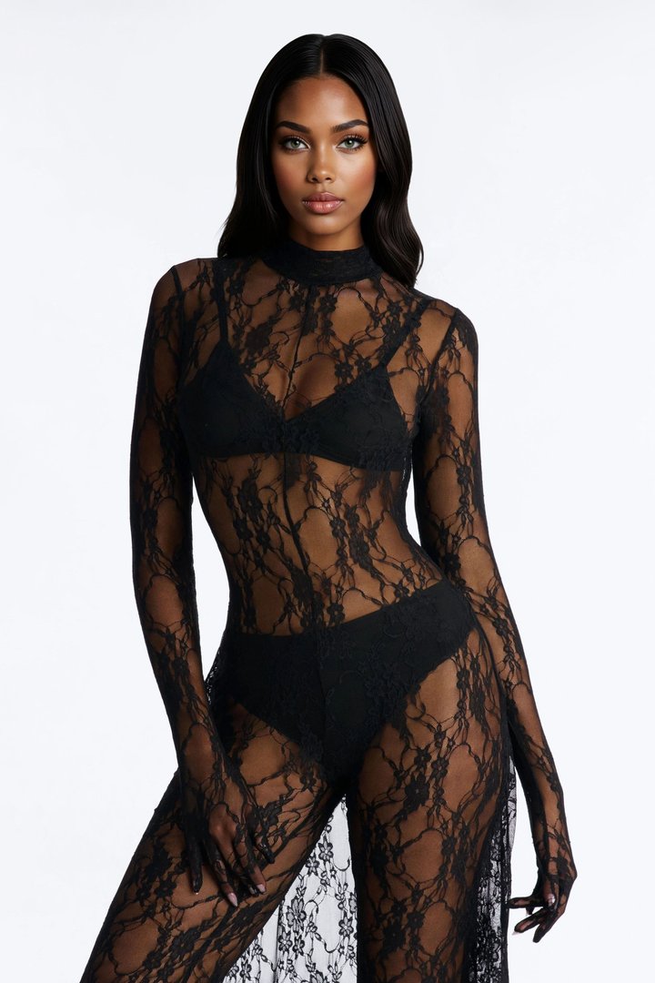 Candace Lace Gloved 3 Piece Jumpsuit Set - Black