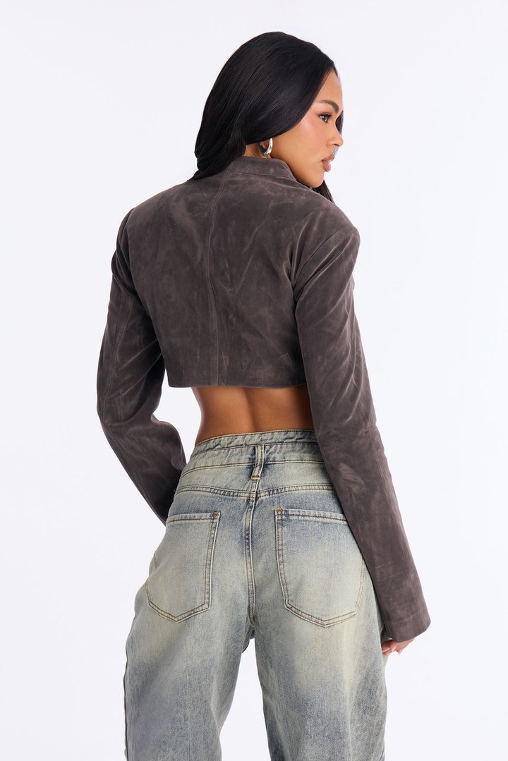 Blake Cropped Faux Suede Moto Jacket - Grey