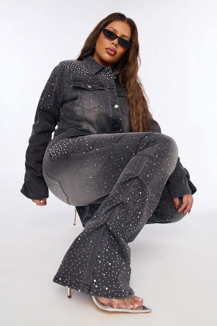 That Girl Embellished Stacked Flare Jeans - Grey